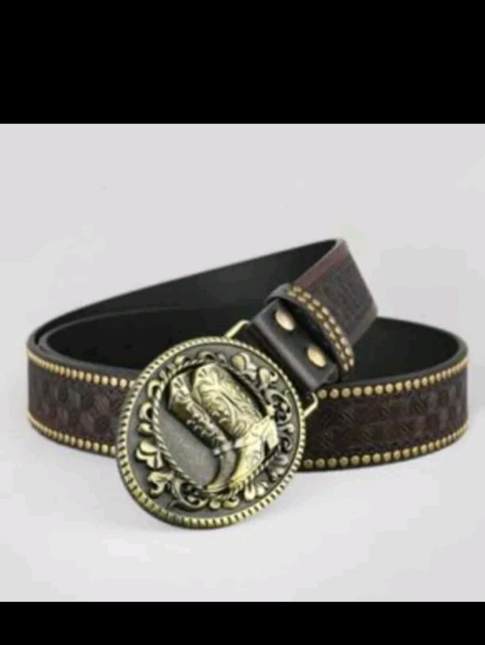 Western Embossed Brown Faux Leather Belt with Ornate Cowboy Boot Buckle 35-42"